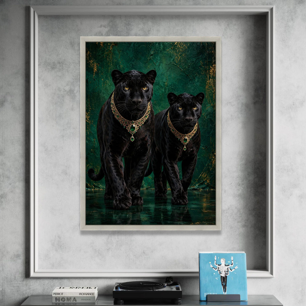 Elegant Black Panthers with Emerald Necklaces Canvas, Wildlife Art Print, Luxurious Animal Portrait Wall Decor, Exotic Canvas Print Art