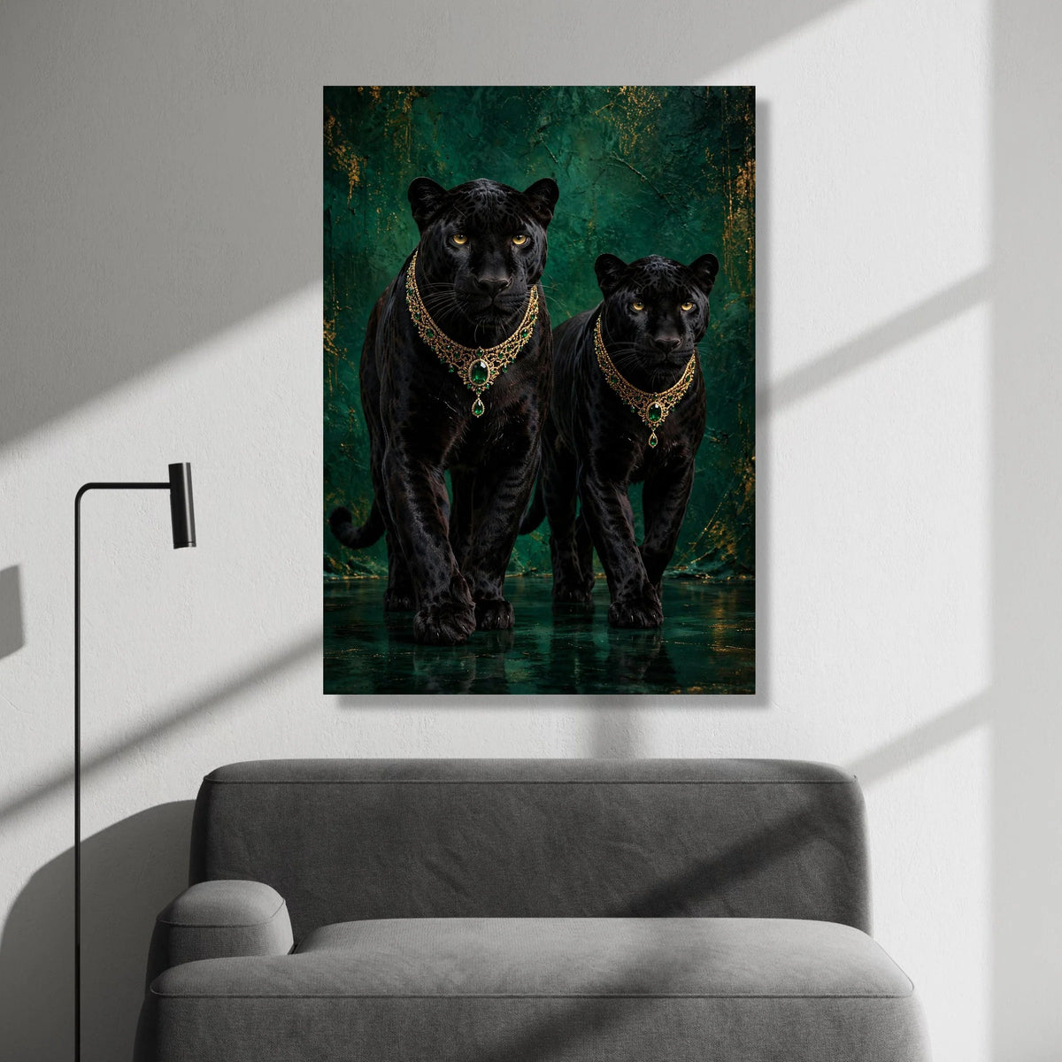 Elegant Black Panthers with Emerald Necklaces Canvas, Wildlife Art Print, Luxurious Animal Portrait Wall Decor, Exotic Canvas Print Art