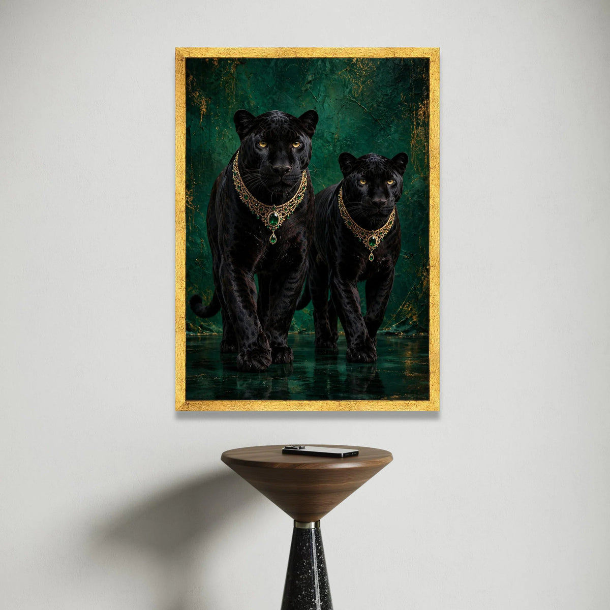 Elegant Black Panthers with Emerald Necklaces Canvas, Wildlife Art Print, Luxurious Animal Portrait Wall Decor, Exotic Canvas Print Art
