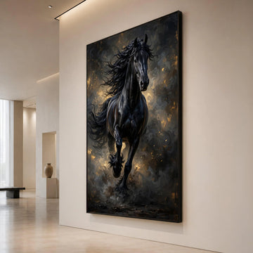 Majestic Black Stallion Canvas Wall Art, Running Horse Painting, Wild Animal Artwork, Equestrian Home Decor, Dramatic Horse Canvas Print Art