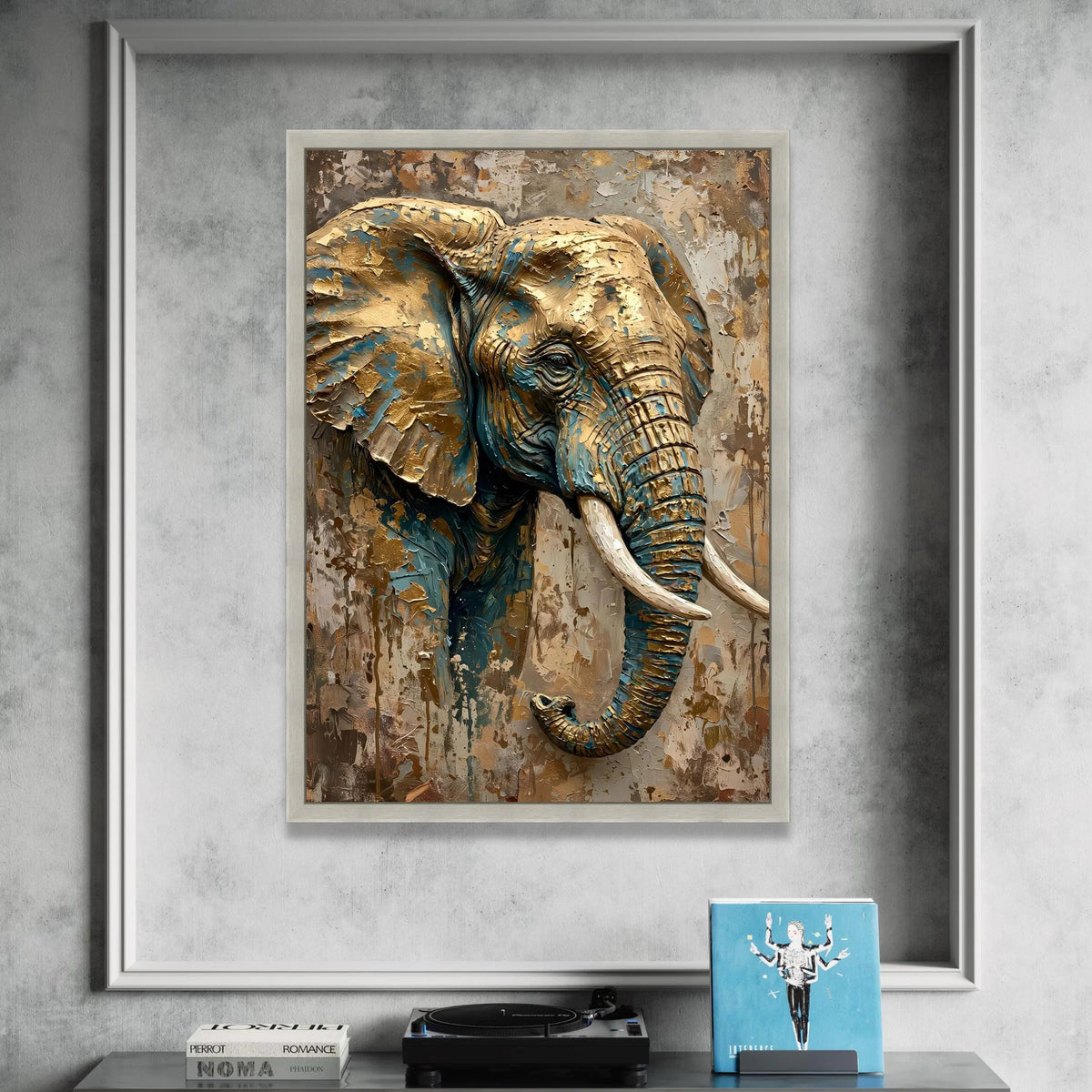 Majestic Elephant Portrait Canvas Wall Art, Animal Wildlife Decor, Neutral Brown and Blue Tones, Large Canvas for Living Canvas Print Art