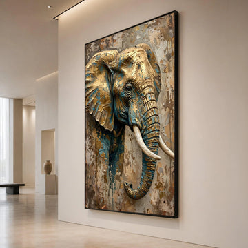 Majestic Elephant Portrait Canvas Wall Art, Animal Wildlife Decor, Neutral Brown and Blue Tones, Large Canvas for Living Canvas Print Art