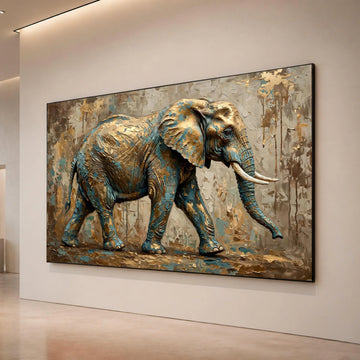Majestic Elephant Canvas Wall Art, Wildlife Animal Painting, Abstract Nature Decor, Blue and Gold Home Decoration, Safari Canvas Print Art