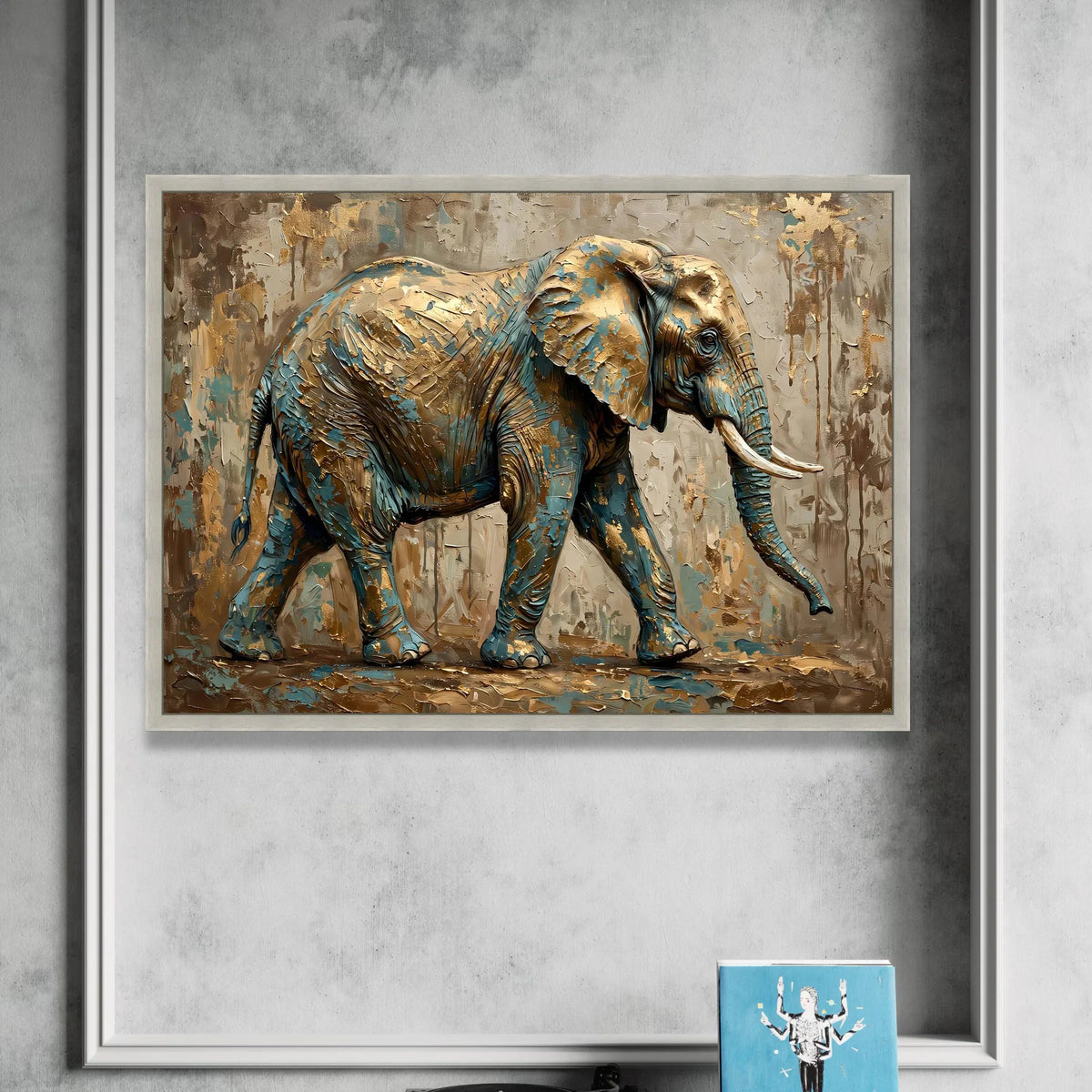 Majestic Elephant Canvas Wall Art, Wildlife Animal Painting, Abstract Nature Decor, Blue and Gold Home Decoration, Safari Canvas Print Art