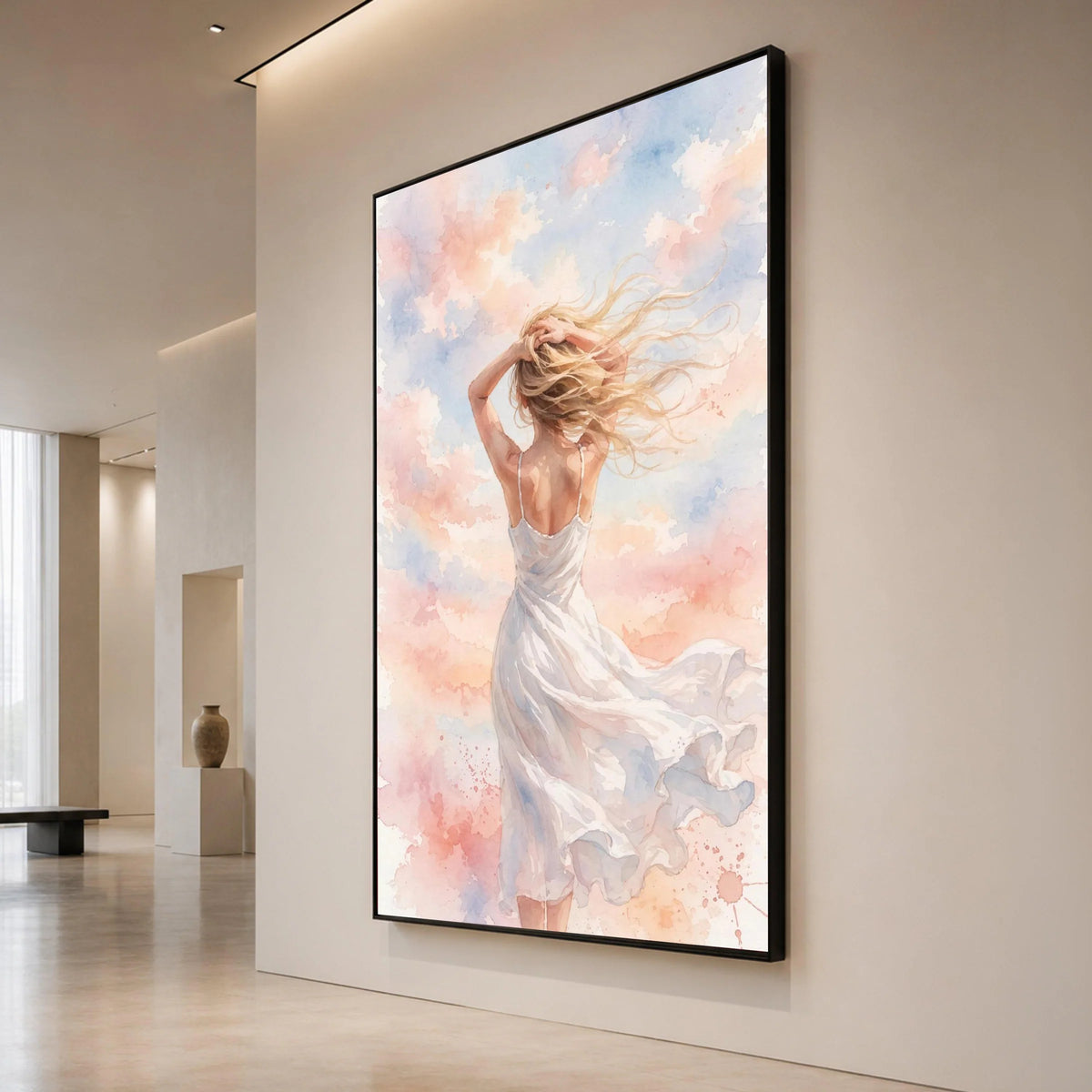 Woman Flowing Dress Canvas, Breezy Hair Wall Art, Soft Pastel Clouds Painting, Serene Sky Scene, Feminine Home Decoration Canvas Print Art