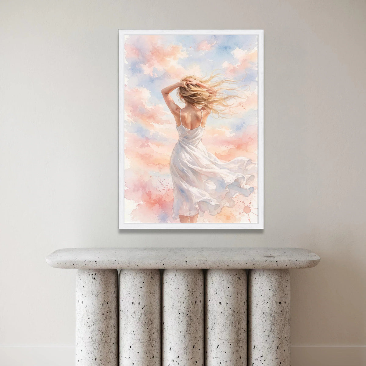Woman Flowing Dress Canvas, Breezy Hair Wall Art, Soft Pastel Clouds Painting, Serene Sky Scene, Feminine Home Decoration Canvas Print Art