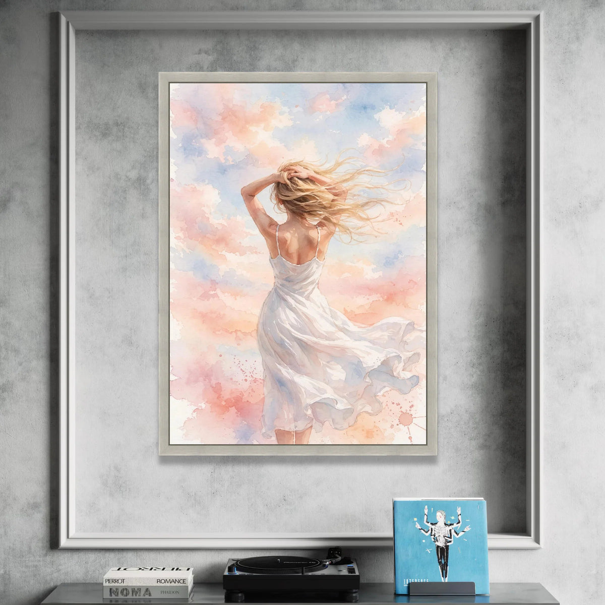 Woman Flowing Dress Canvas, Breezy Hair Wall Art, Soft Pastel Clouds Painting, Serene Sky Scene, Feminine Home Decoration Canvas Print Art