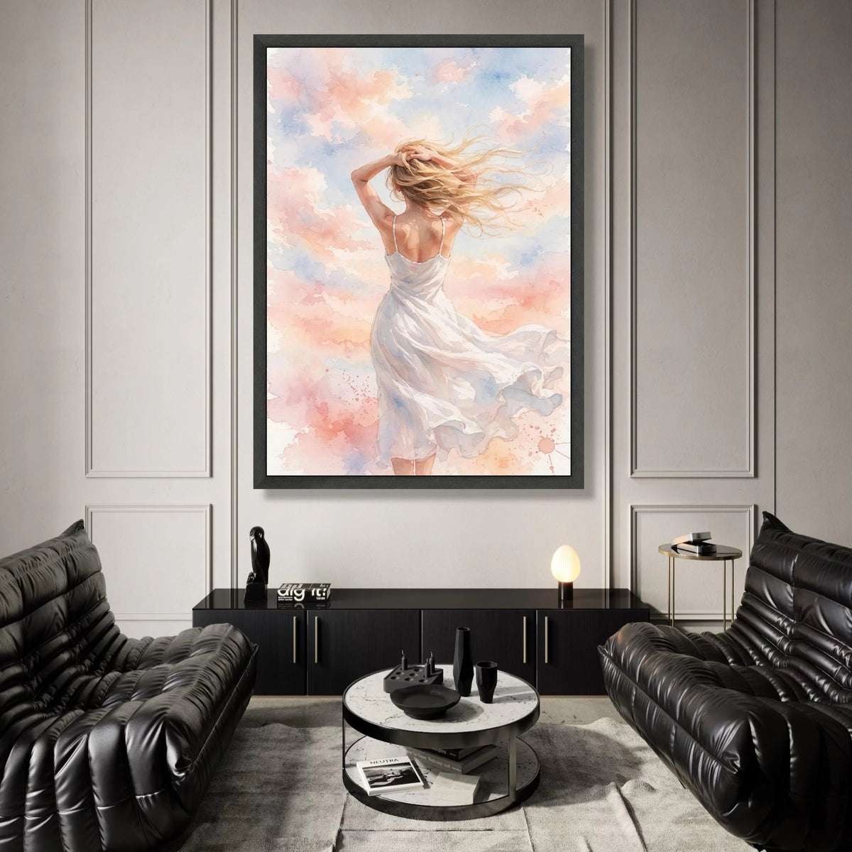 Woman Flowing Dress Canvas, Breezy Hair Wall Art, Soft Pastel Clouds Painting, Serene Sky Scene, Feminine Home Decoration Canvas Print Art