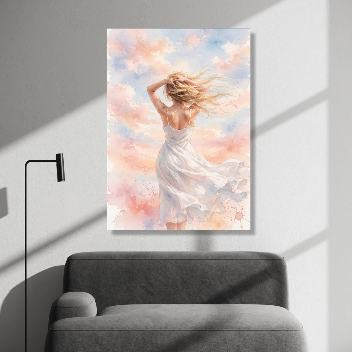 Woman Flowing Dress Canvas, Breezy Hair Wall Art, Soft Pastel Clouds Painting, Serene Sky Scene, Feminine Home Decoration Canvas Print Art