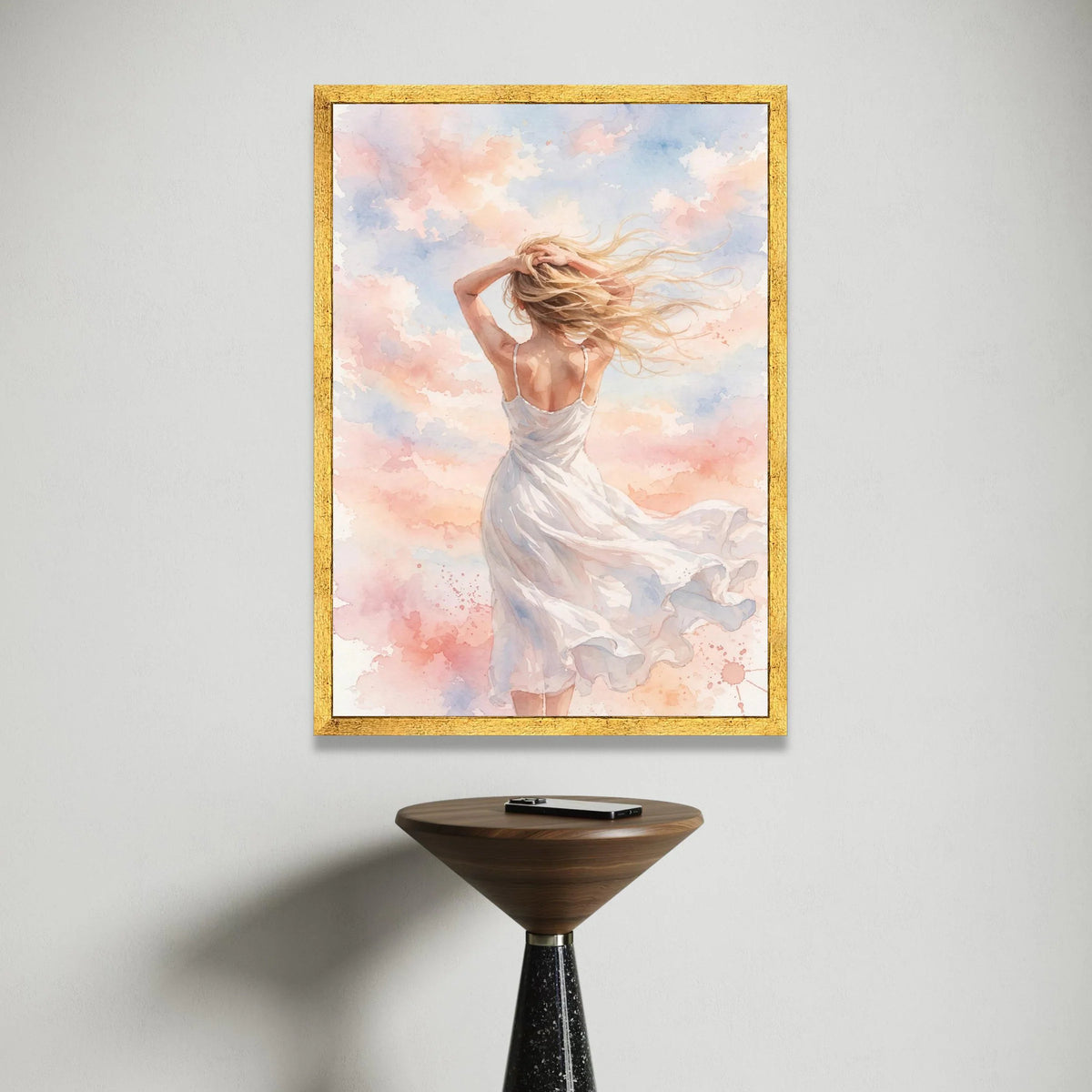 Woman Flowing Dress Canvas, Breezy Hair Wall Art, Soft Pastel Clouds Painting, Serene Sky Scene, Feminine Home Decoration Canvas Print Art