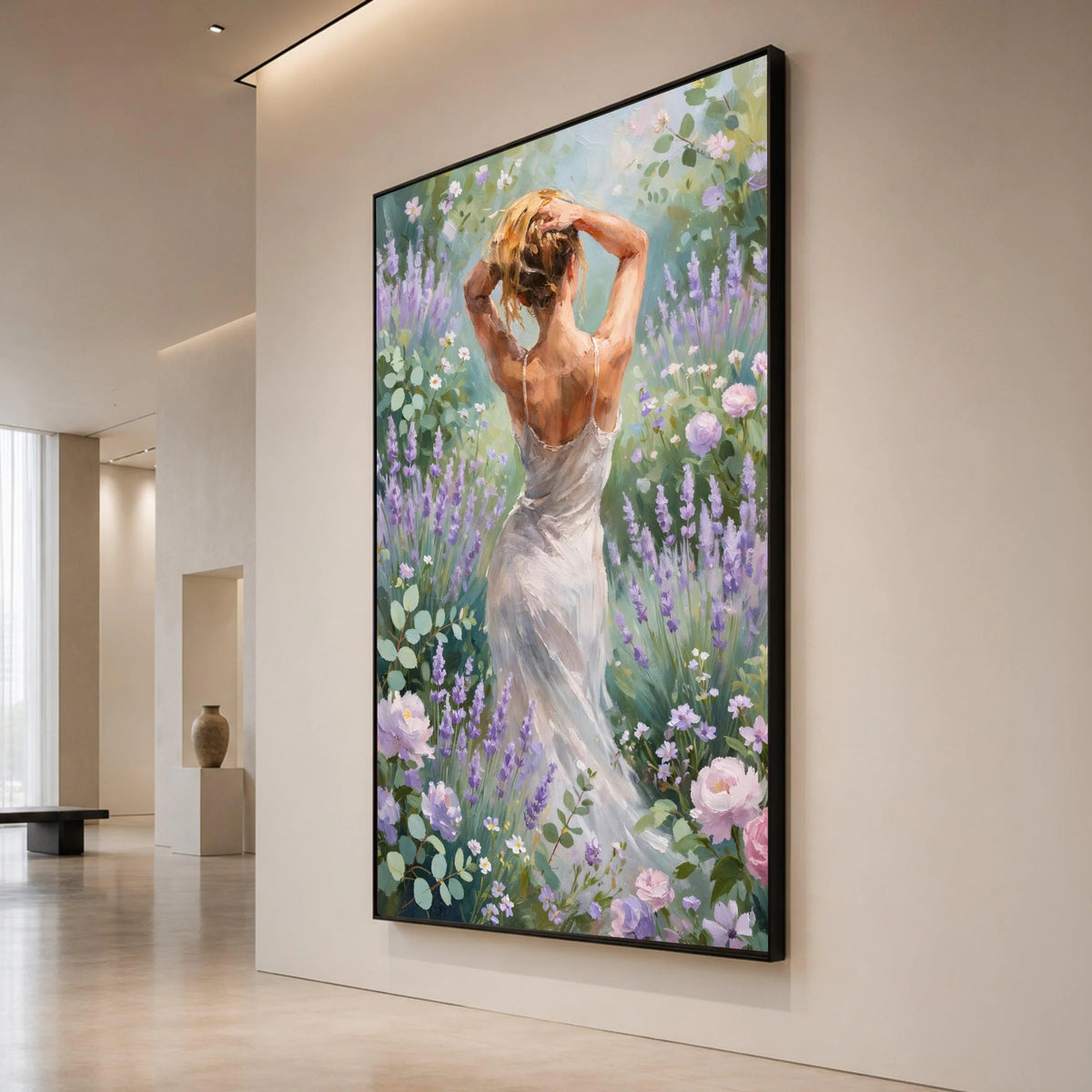 Elegant Woman White Dress Canvas, Lavender Garden Wall Art, Floral Summer Scene, Romantic Nature Canvas, Home Decor Canvas Print Art