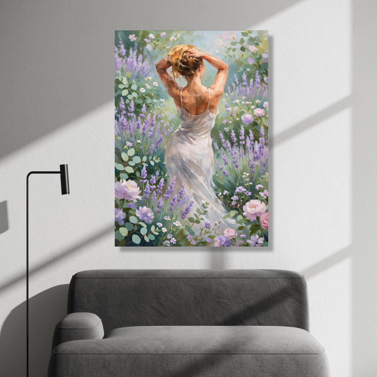 Elegant Woman White Dress Canvas, Lavender Garden Wall Art, Floral Summer Scene, Romantic Nature Canvas, Home Decor Canvas Print Art