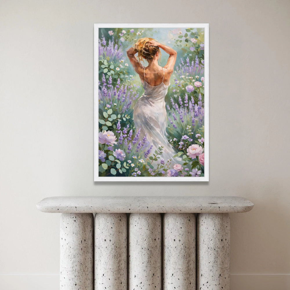 Elegant Woman White Dress Canvas, Lavender Garden Wall Art, Floral Summer Scene, Romantic Nature Canvas, Home Decor Canvas Print Art