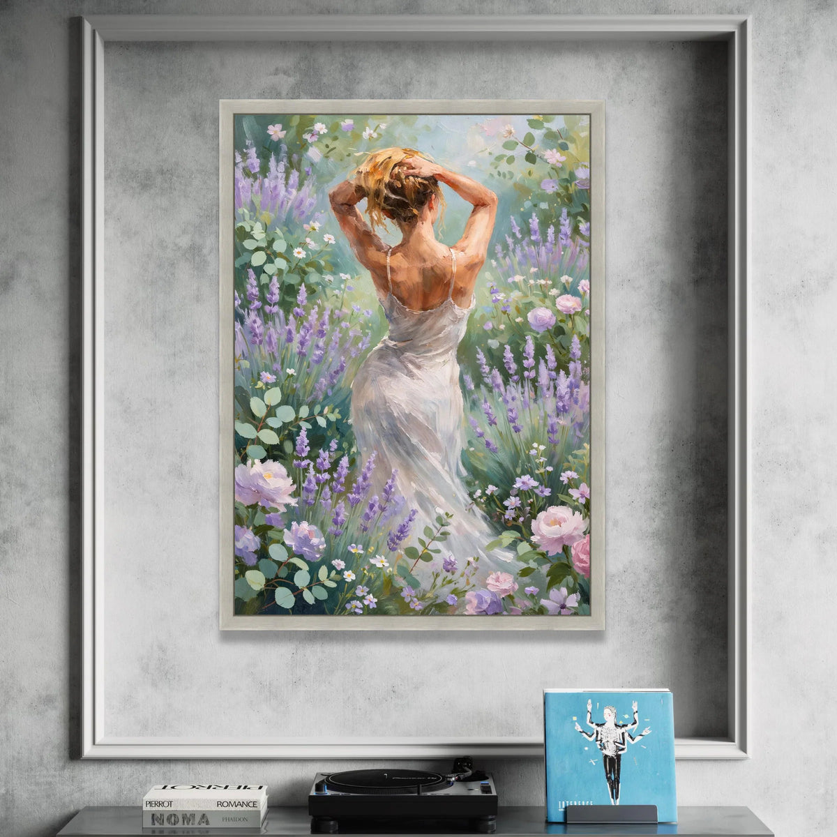 Elegant Woman White Dress Canvas, Lavender Garden Wall Art, Floral Summer Scene, Romantic Nature Canvas, Home Decor Canvas Print Art