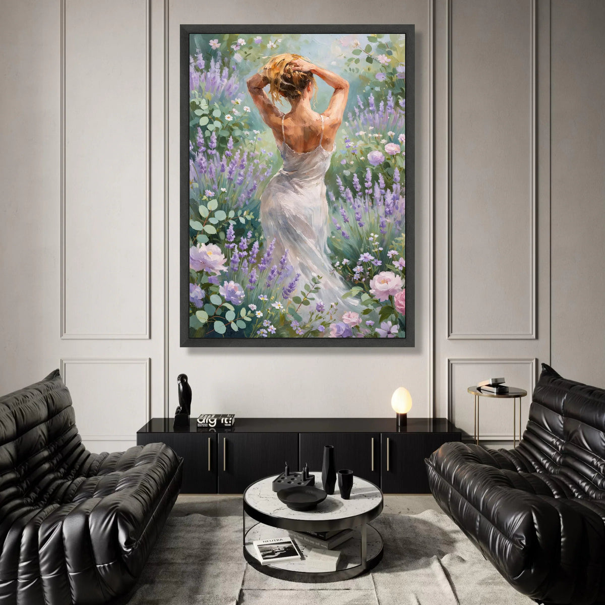 Elegant Woman White Dress Canvas, Lavender Garden Wall Art, Floral Summer Scene, Romantic Nature Canvas, Home Decor Canvas Print Art