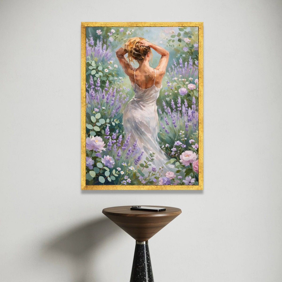 Elegant Woman White Dress Canvas, Lavender Garden Wall Art, Floral Summer Scene, Romantic Nature Canvas, Home Decor Canvas Print Art