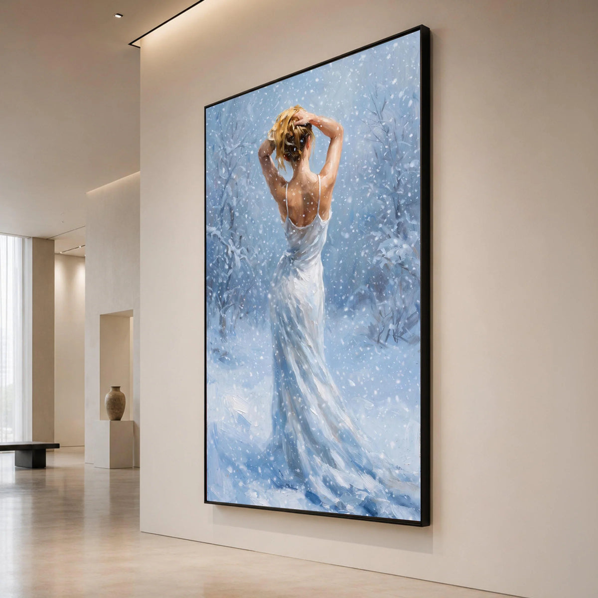 Winter Snowfall Woman Canvas, Elegant Back View Art, White Dress Painting, Serene Snow Scene, Feminine Wall Decor, Winter Canvas Print Art