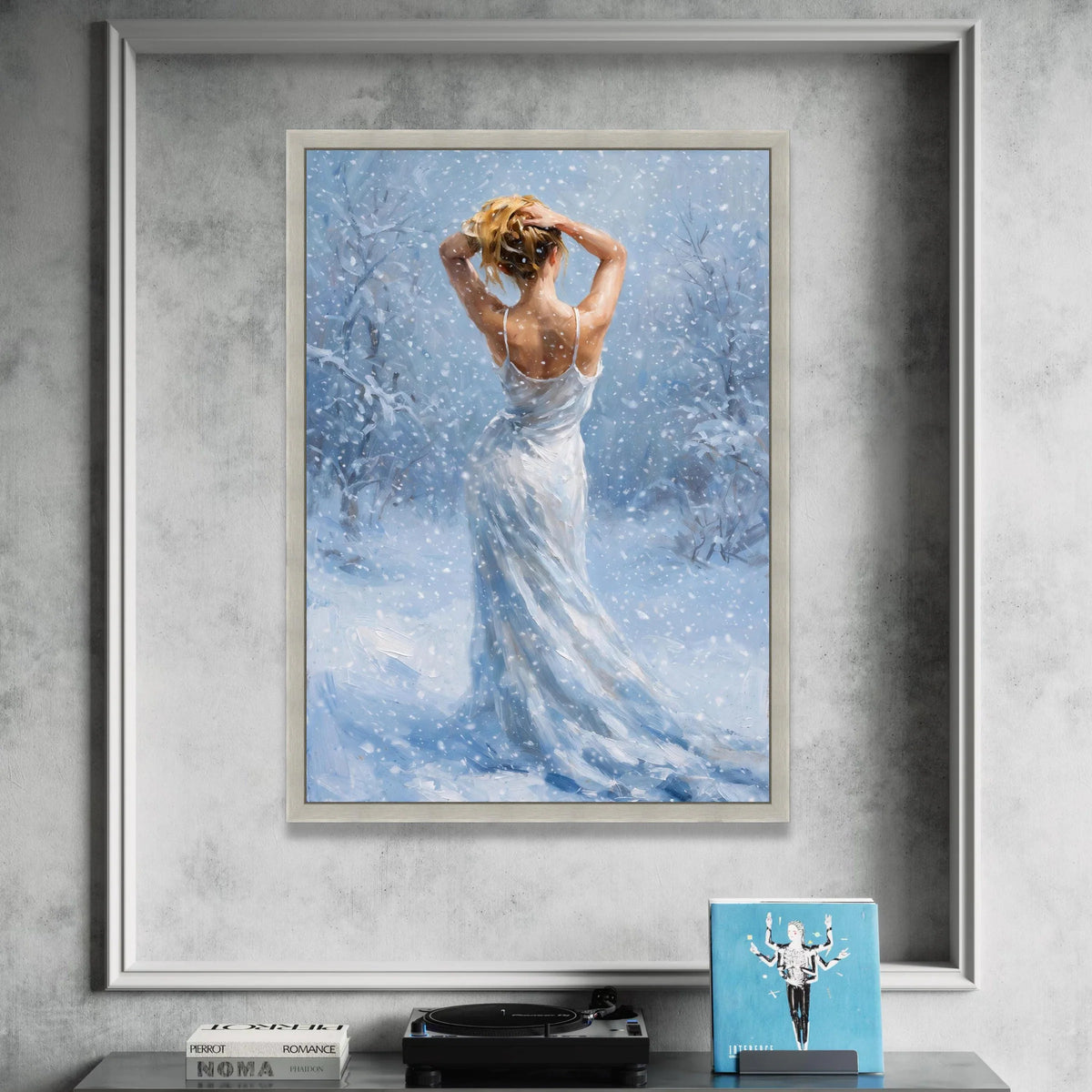 Winter Snowfall Woman Canvas, Elegant Back View Art, White Dress Painting, Serene Snow Scene, Feminine Wall Decor, Winter Canvas Print Art