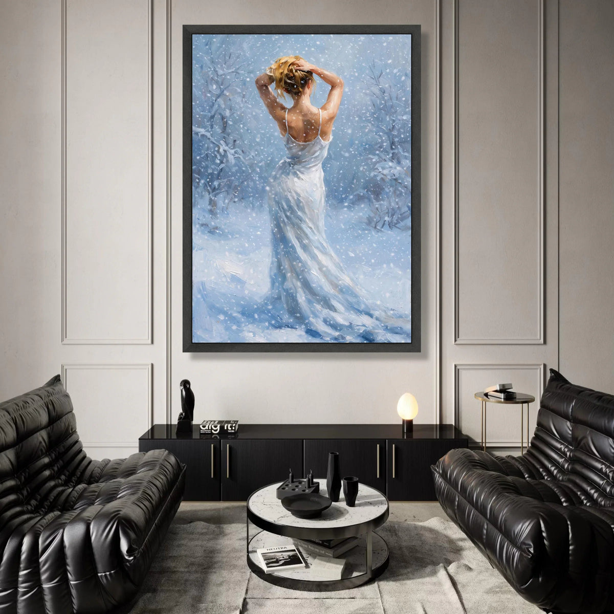 Winter Snowfall Woman Canvas, Elegant Back View Art, White Dress Painting, Serene Snow Scene, Feminine Wall Decor, Winter Canvas Print Art