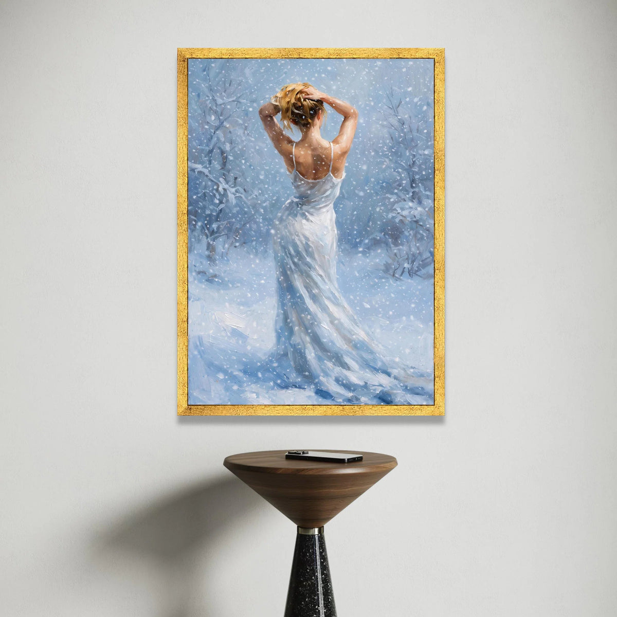 Winter Snowfall Woman Canvas, Elegant Back View Art, White Dress Painting, Serene Snow Scene, Feminine Wall Decor, Winter Canvas Print Art