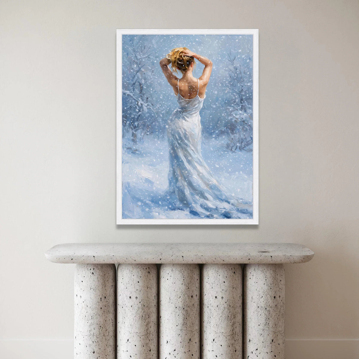 Winter Snowfall Woman Canvas, Elegant Back View Art, White Dress Painting, Serene Snow Scene, Feminine Wall Decor, Winter Canvas Print Art