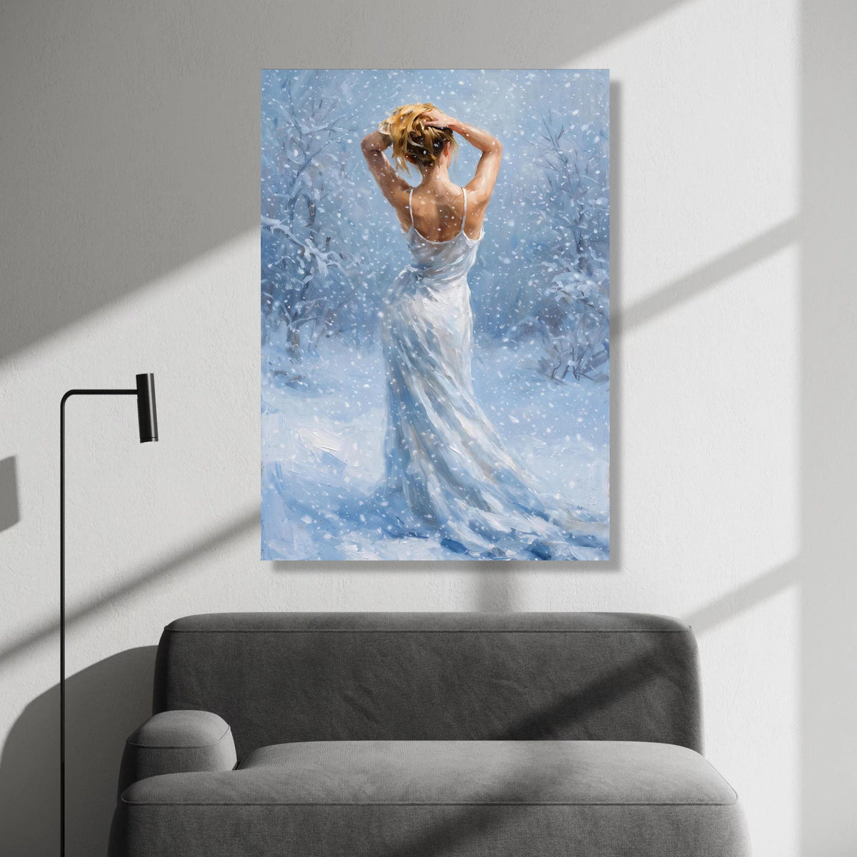 Winter Snowfall Woman Canvas, Elegant Back View Art, White Dress Painting, Serene Snow Scene, Feminine Wall Decor, Winter Canvas Print Art