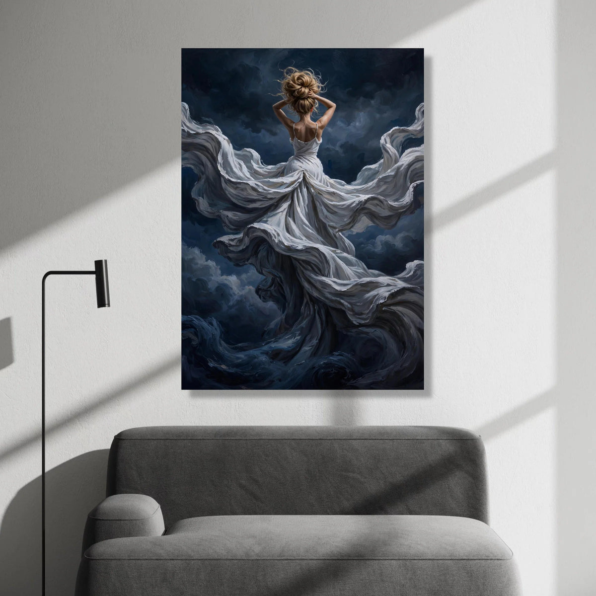 Dreamy Woman Flowing White Dress Canvas, Abstract Art, Elegant Female Figure, Mystical Night Sky Wall Art, Home Decor Canvas Print Art
