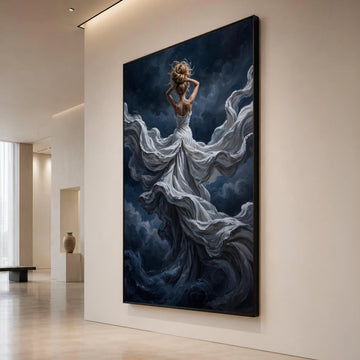 Dreamy Woman Flowing White Dress Canvas, Abstract Art, Elegant Female Figure, Mystical Night Sky Wall Art, Home Decor Canvas Print Art