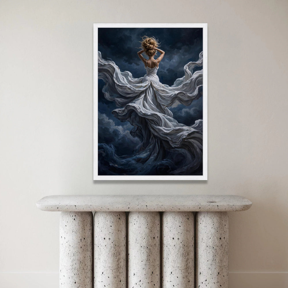 Dreamy Woman Flowing White Dress Canvas, Abstract Art, Elegant Female Figure, Mystical Night Sky Wall Art, Home Decor Canvas Print Art