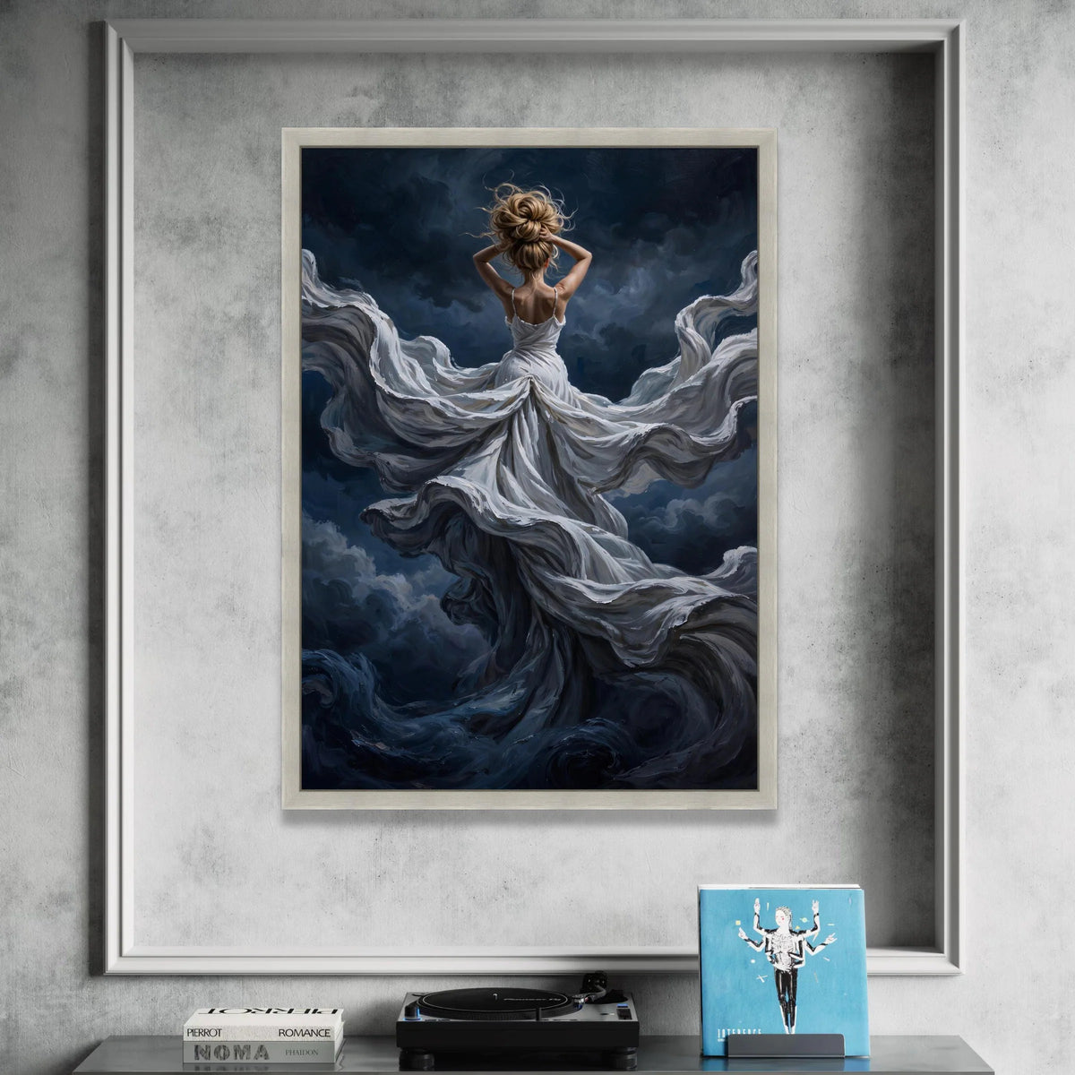 Dreamy Woman Flowing White Dress Canvas, Abstract Art, Elegant Female Figure, Mystical Night Sky Wall Art, Home Decor Canvas Print Art
