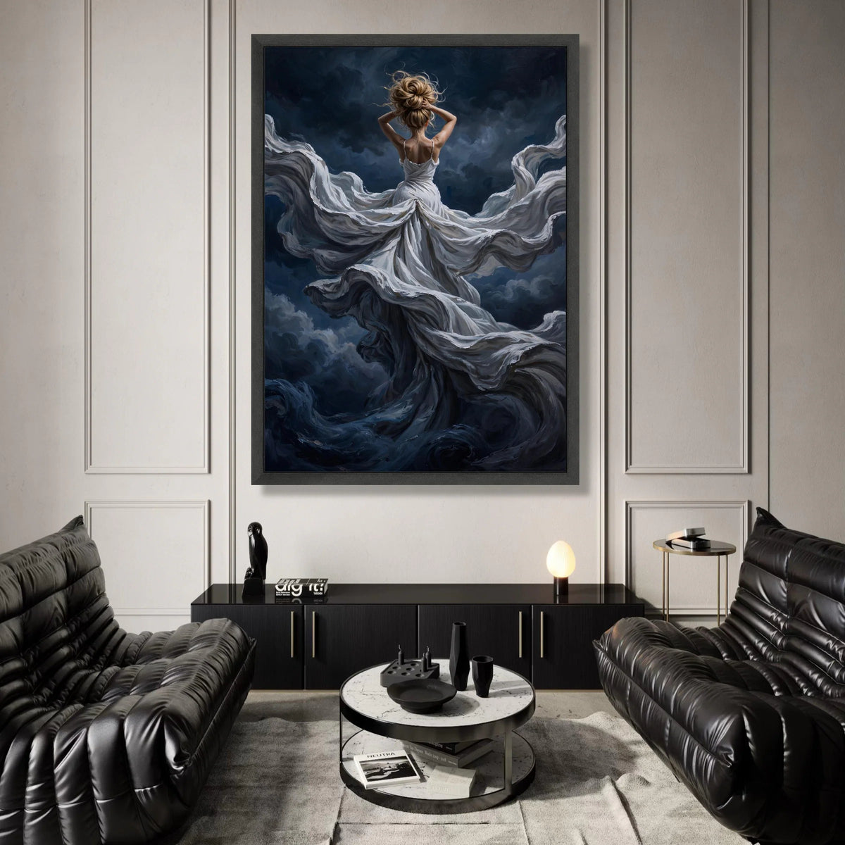 Dreamy Woman Flowing White Dress Canvas, Abstract Art, Elegant Female Figure, Mystical Night Sky Wall Art, Home Decor Canvas Print Art