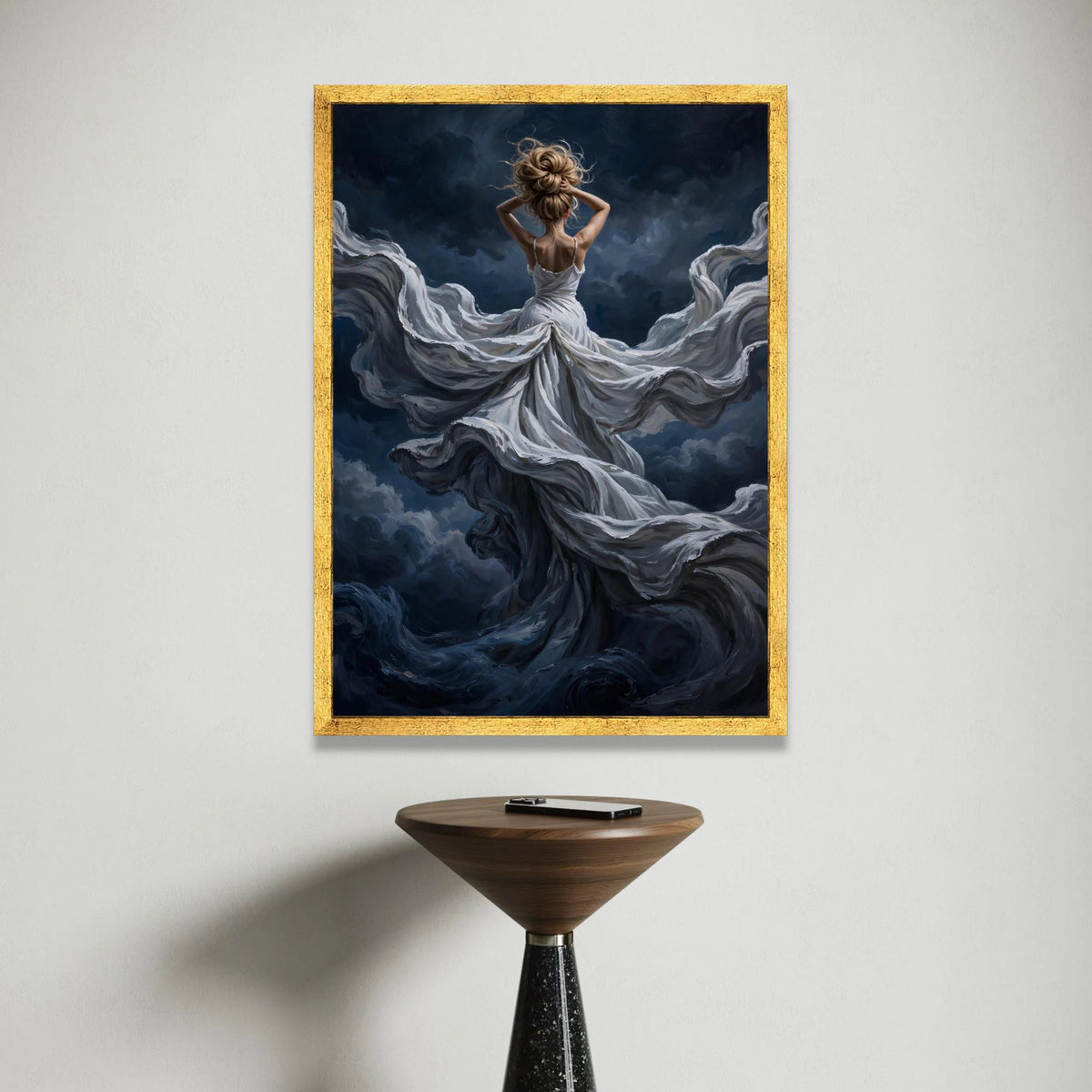 Dreamy Woman Flowing White Dress Canvas, Abstract Art, Elegant Female Figure, Mystical Night Sky Wall Art, Home Decor Canvas Print Art