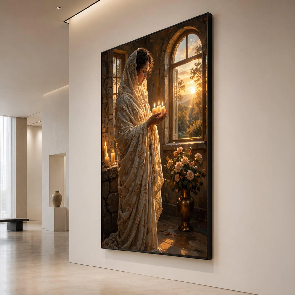 Serene Woman with Candles Canvas, Golden Embroidered Shawl Art, Tranquil Sunset Window Scene, Spiritual Warm Glow Wall Art, Canvas Print Art