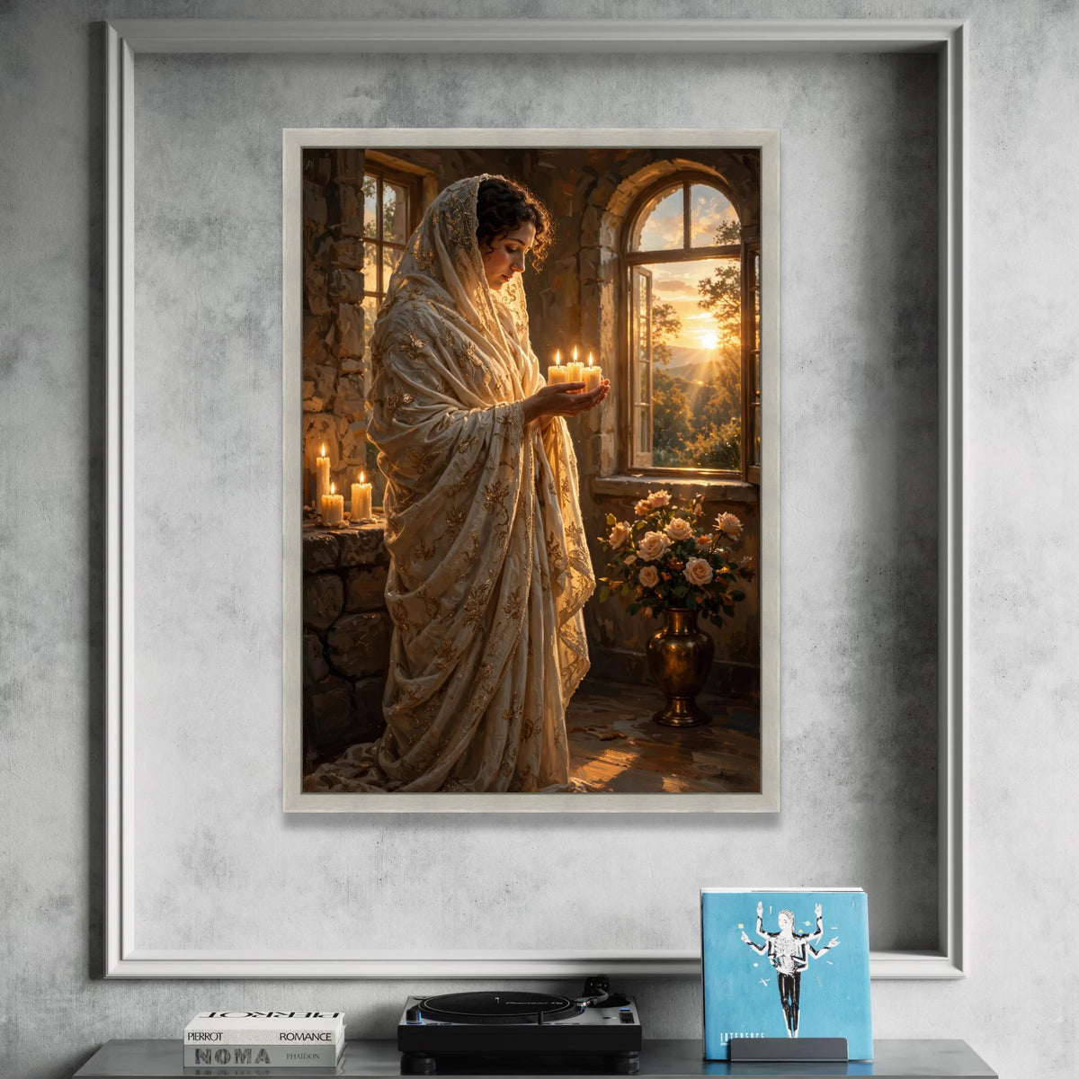 Serene Woman with Candles Canvas, Golden Embroidered Shawl Art, Tranquil Sunset Window Scene, Spiritual Warm Glow Wall Art, Canvas Print Art
