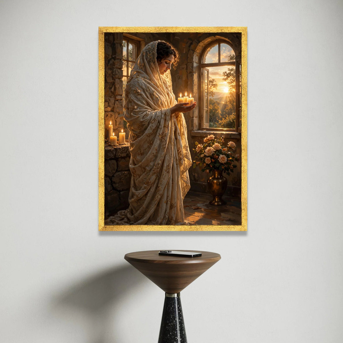 Serene Woman with Candles Canvas, Golden Embroidered Shawl Art, Tranquil Sunset Window Scene, Spiritual Warm Glow Wall Art, Canvas Print Art