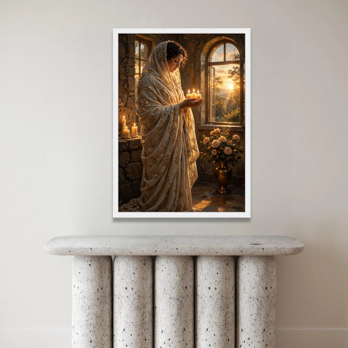 Serene Woman with Candles Canvas, Golden Embroidered Shawl Art, Tranquil Sunset Window Scene, Spiritual Warm Glow Wall Art, Canvas Print Art