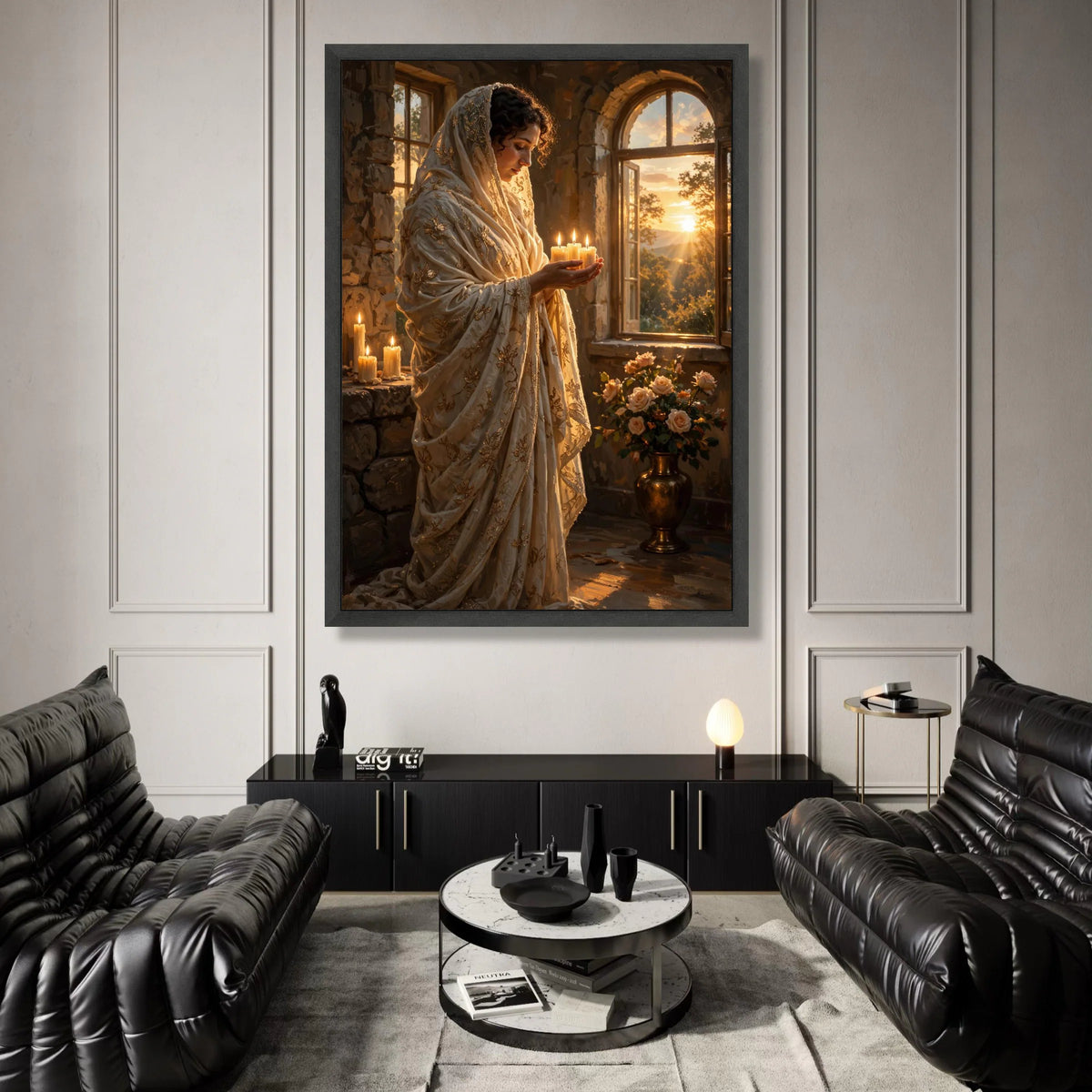 Serene Woman with Candles Canvas, Golden Embroidered Shawl Art, Tranquil Sunset Window Scene, Spiritual Warm Glow Wall Art, Canvas Print Art