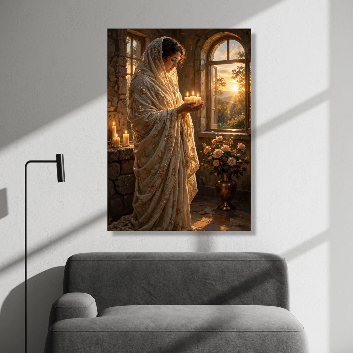 Serene Woman with Candles Canvas, Golden Embroidered Shawl Art, Tranquil Sunset Window Scene, Spiritual Warm Glow Wall Art, Canvas Print Art