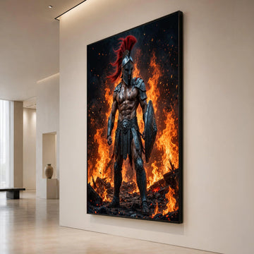 Fierce Spartan Warrior Canvas, Ancient Gladiator Armor Wall Art, Fire Background Poster, Mythical Hero Decoration, Bold Canvas Print Art