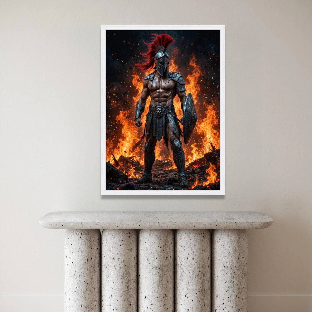 Fierce Spartan Warrior Canvas, Ancient Gladiator Armor Wall Art, Fire Background Poster, Mythical Hero Decoration, Bold Canvas Print Art
