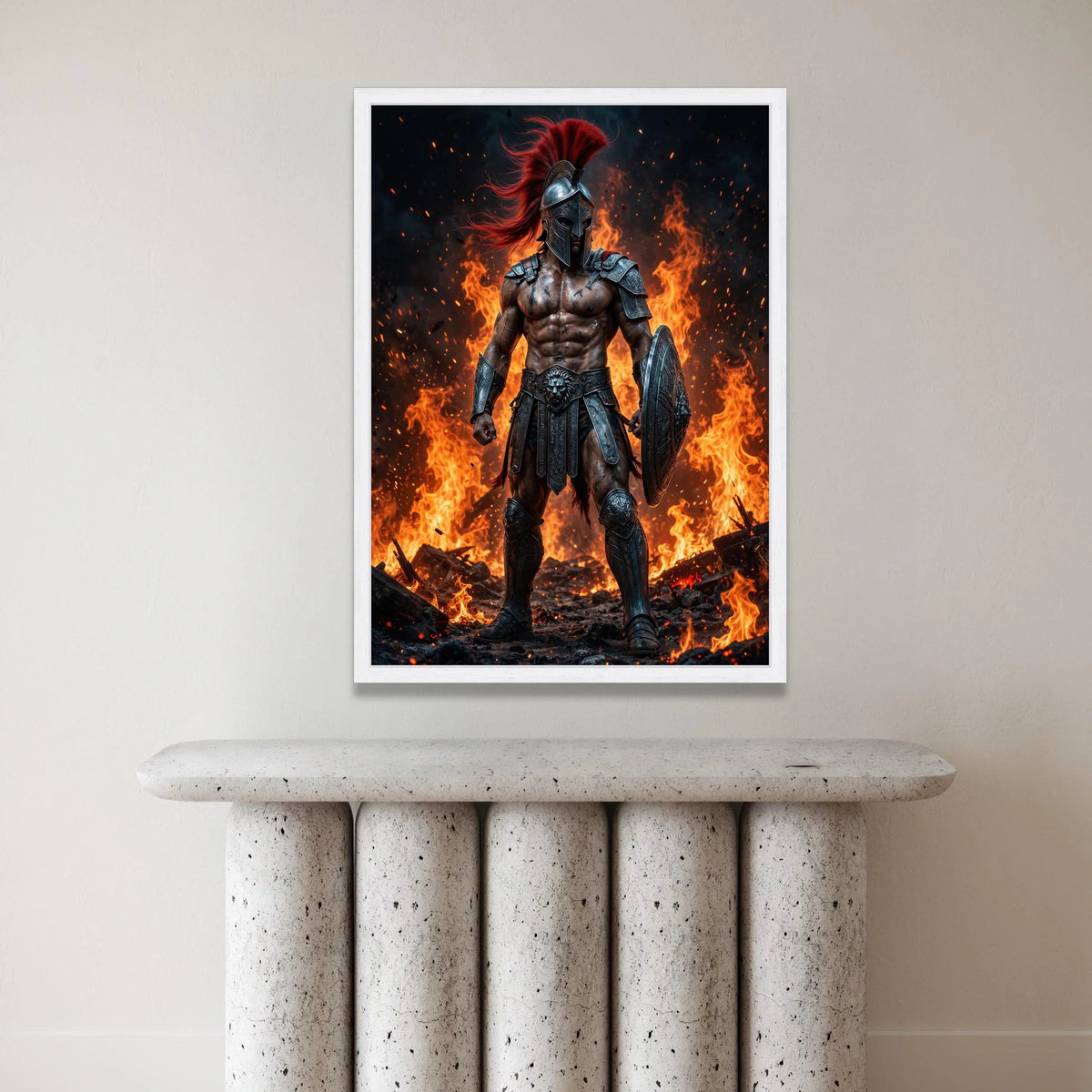 Fierce Spartan Warrior Canvas, Ancient Gladiator Armor Wall Art, Fire Background Poster, Mythical Hero Decoration, Bold Canvas Print Art