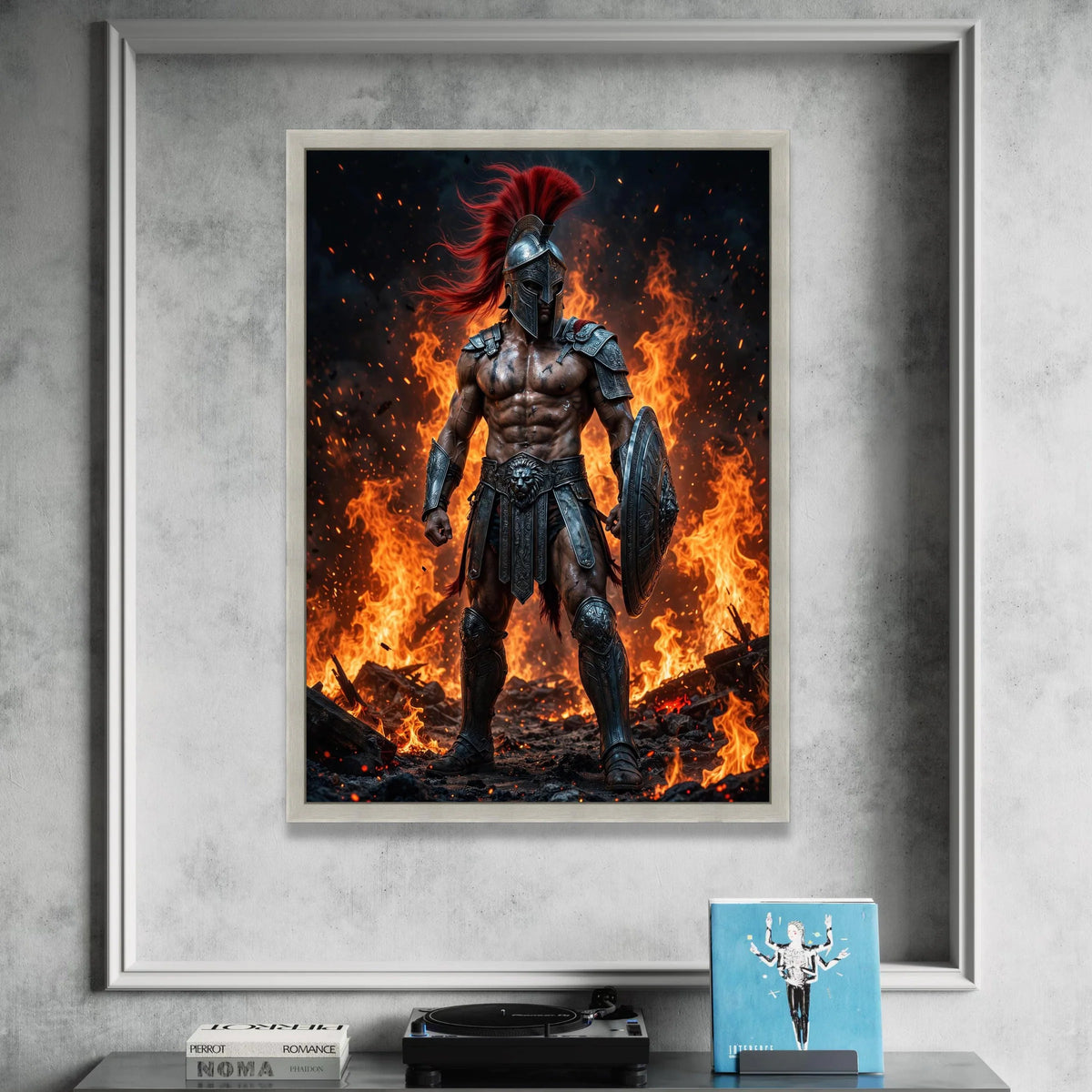 Fierce Spartan Warrior Canvas, Ancient Gladiator Armor Wall Art, Fire Background Poster, Mythical Hero Decoration, Bold Canvas Print Art