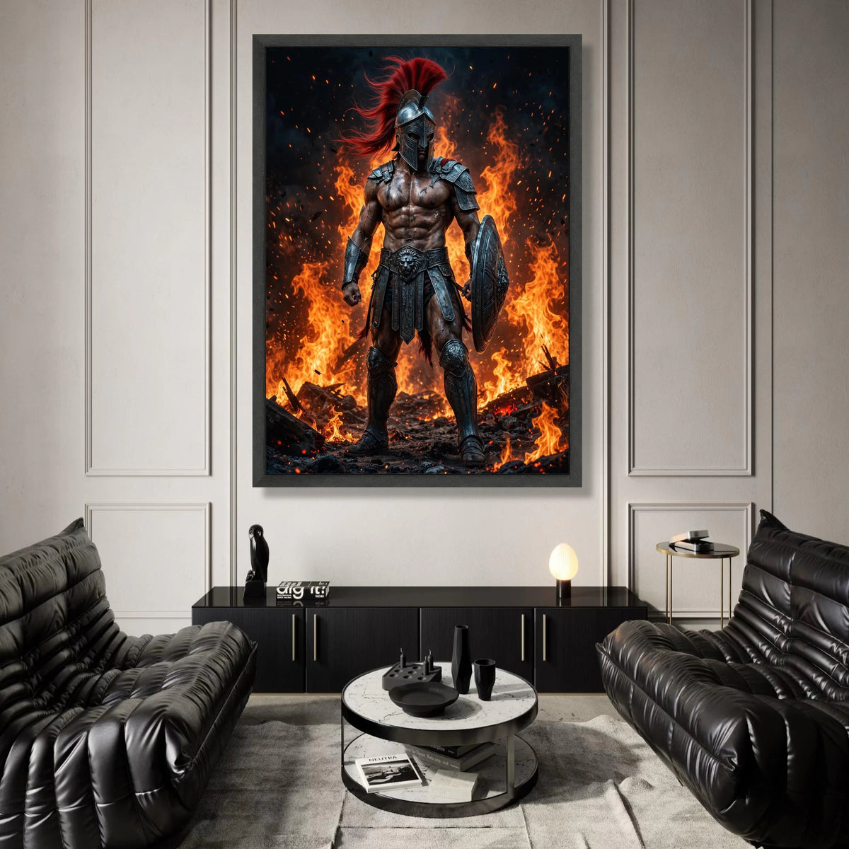 Fierce Spartan Warrior Canvas, Ancient Gladiator Armor Wall Art, Fire Background Poster, Mythical Hero Decoration, Bold Canvas Print Art
