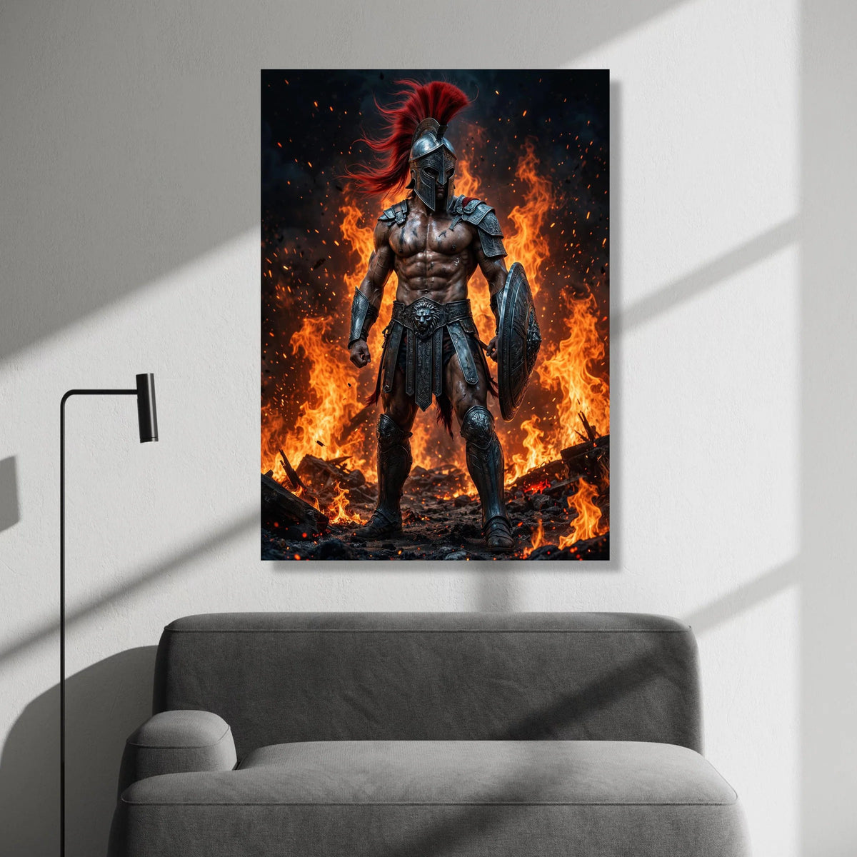 Fierce Spartan Warrior Canvas, Ancient Gladiator Armor Wall Art, Fire Background Poster, Mythical Hero Decoration, Bold Canvas Print Art