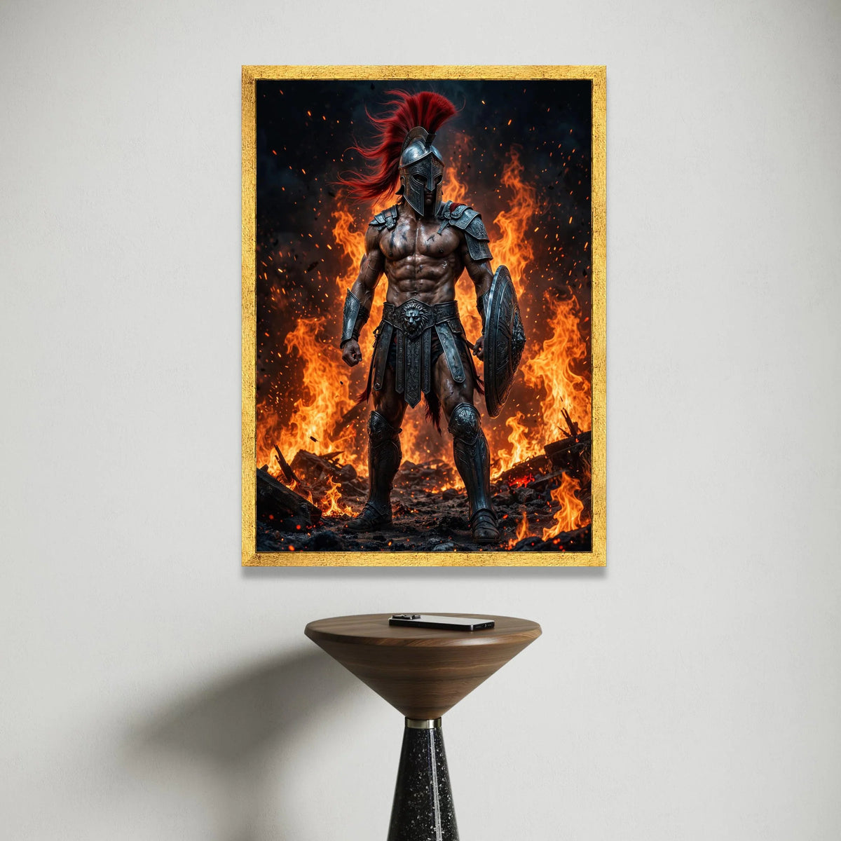 Fierce Spartan Warrior Canvas, Ancient Gladiator Armor Wall Art, Fire Background Poster, Mythical Hero Decoration, Bold Canvas Print Art