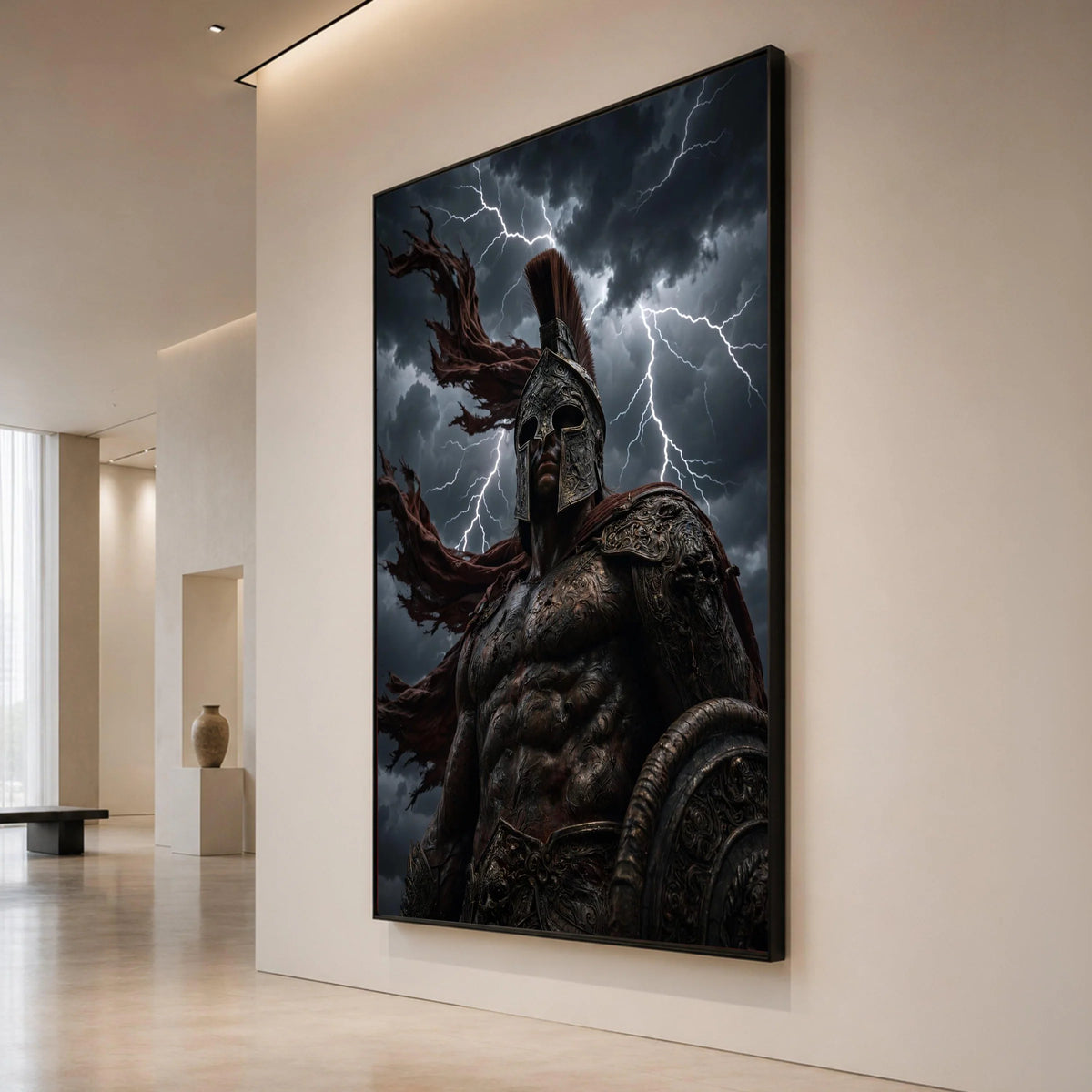 Fierce Spartan Warrior Canvas Wall Art, Mythical Battle Scene, Stormy Sky Lightning, Ancient Armor Decoration, Powerful Canvas Print Art