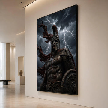 Fierce Spartan Warrior Canvas Wall Art, Mythical Battle Scene, Stormy Sky Lightning, Ancient Armor Decoration, Powerful Canvas Print Art