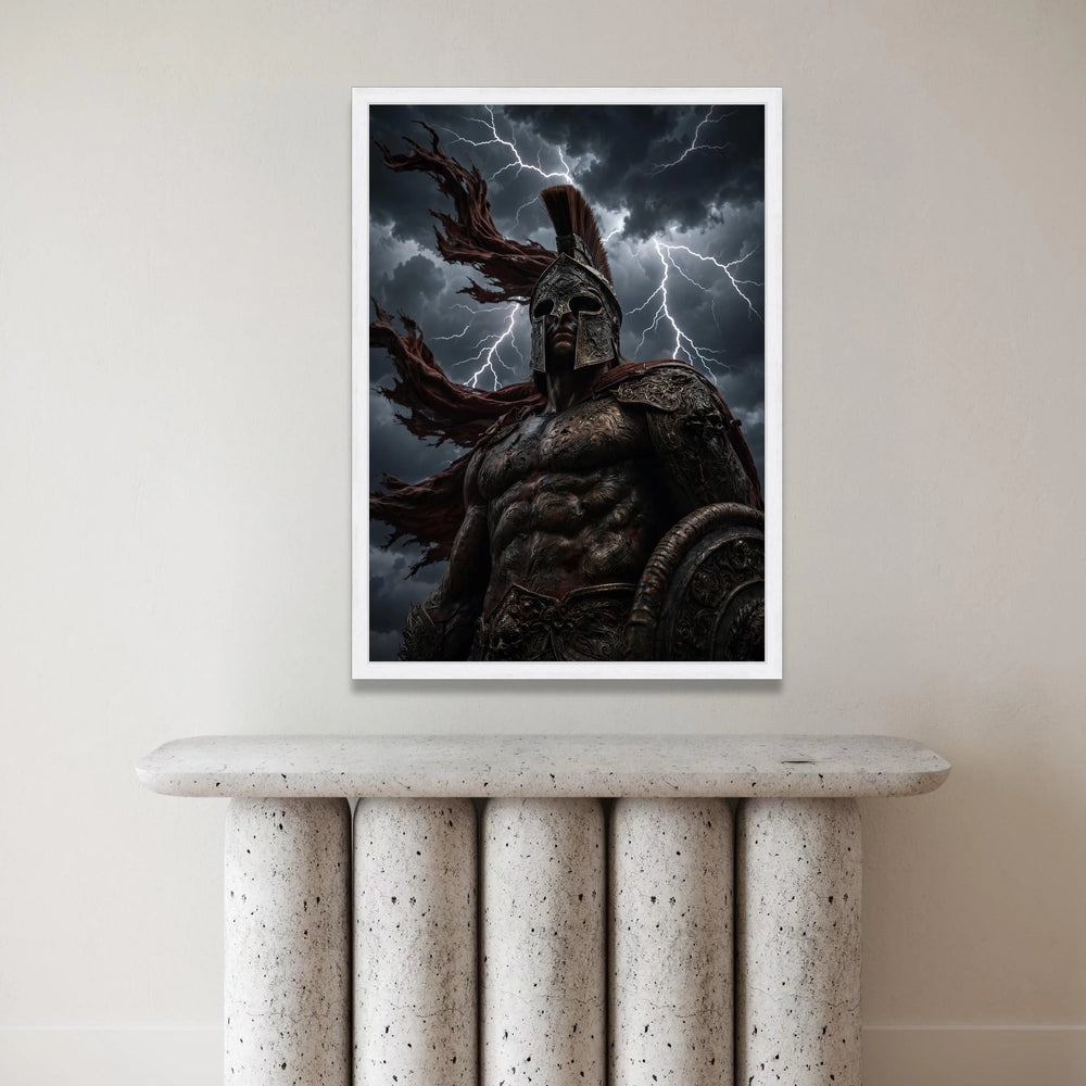 Fierce Spartan Warrior Canvas Wall Art, Mythical Battle Scene, Stormy Sky Lightning, Ancient Armor Decoration, Powerful Canvas Print Art
