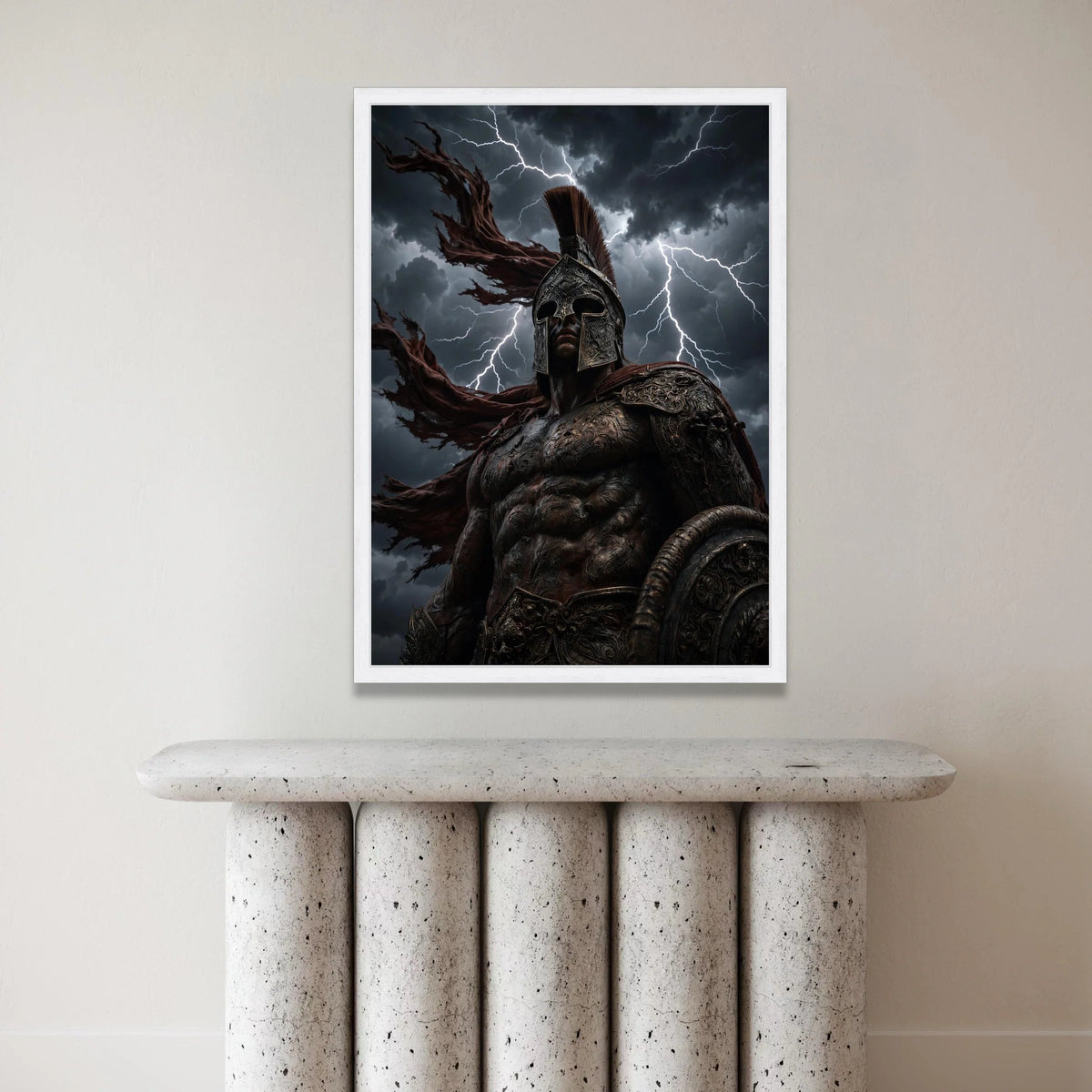Fierce Spartan Warrior Canvas Wall Art, Mythical Battle Scene, Stormy Sky Lightning, Ancient Armor Decoration, Powerful Canvas Print Art