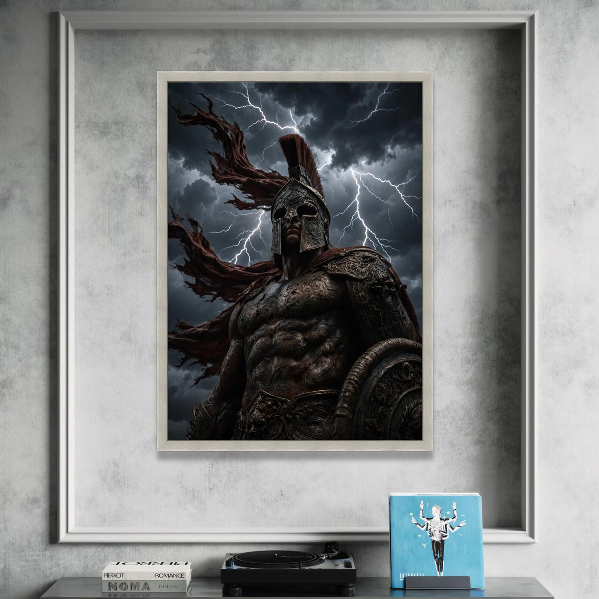 Fierce Spartan Warrior Canvas Wall Art, Mythical Battle Scene, Stormy Sky Lightning, Ancient Armor Decoration, Powerful Canvas Print Art